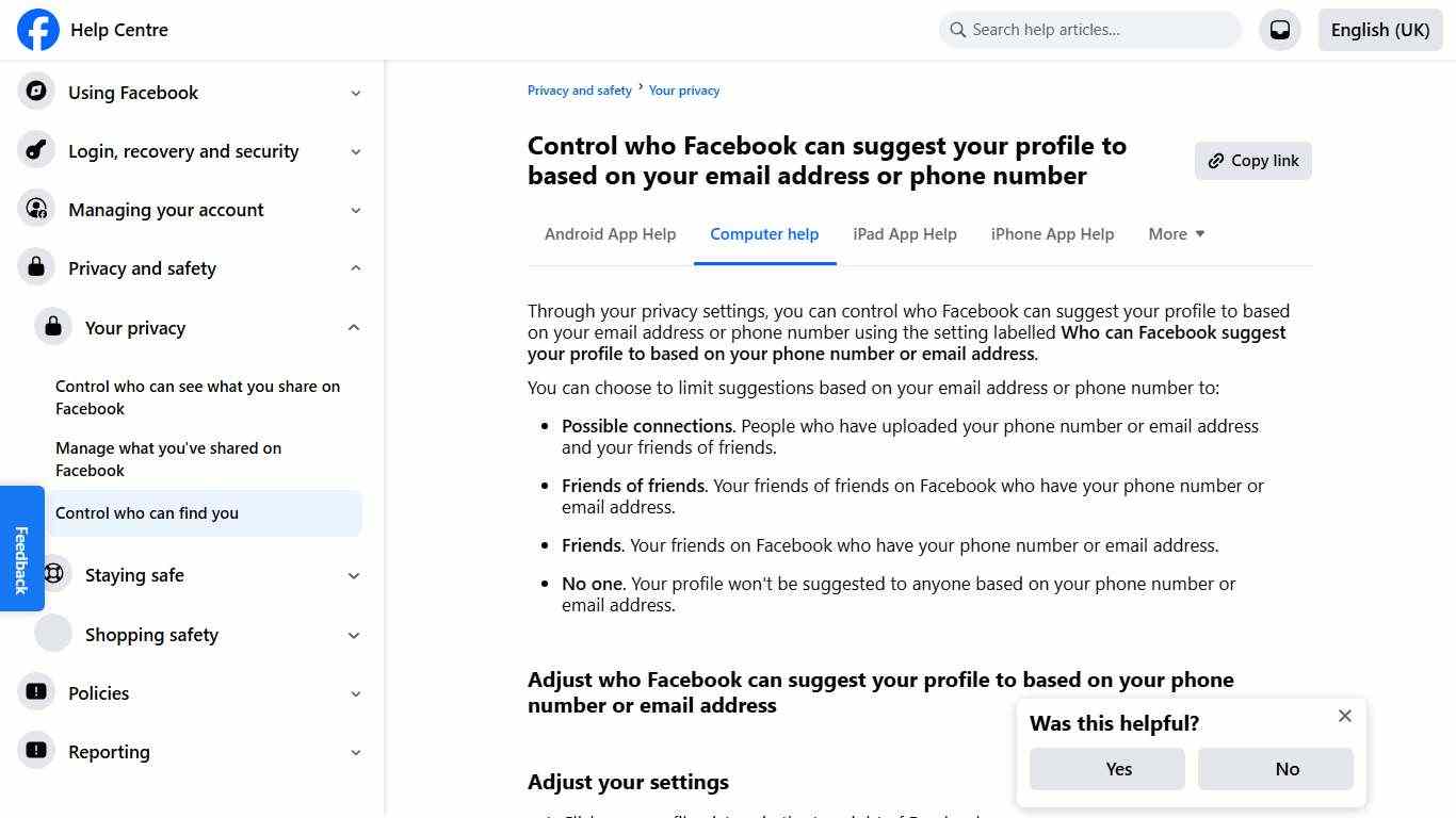 Control who Facebook can suggest your profile to based on your email address or phone number Facebook Help Centre